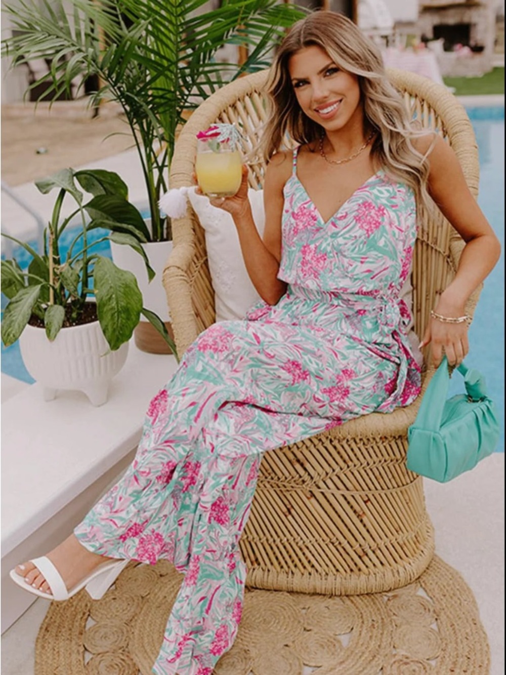 NWT Tropical Pink & Mint Floral Maxi Jumpsuit